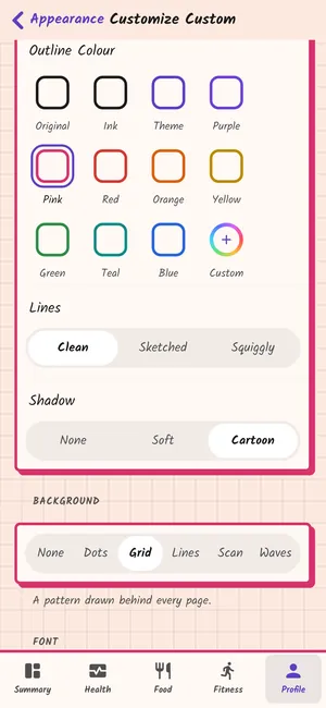 Outline colour, line style and shadow settings