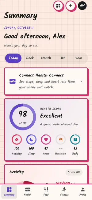 Summary tab in a custom theme: peach pages, pink outlines, grid background and handwritten font