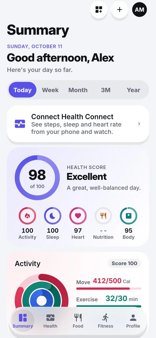 Summary tab with the daily health score and activity rings